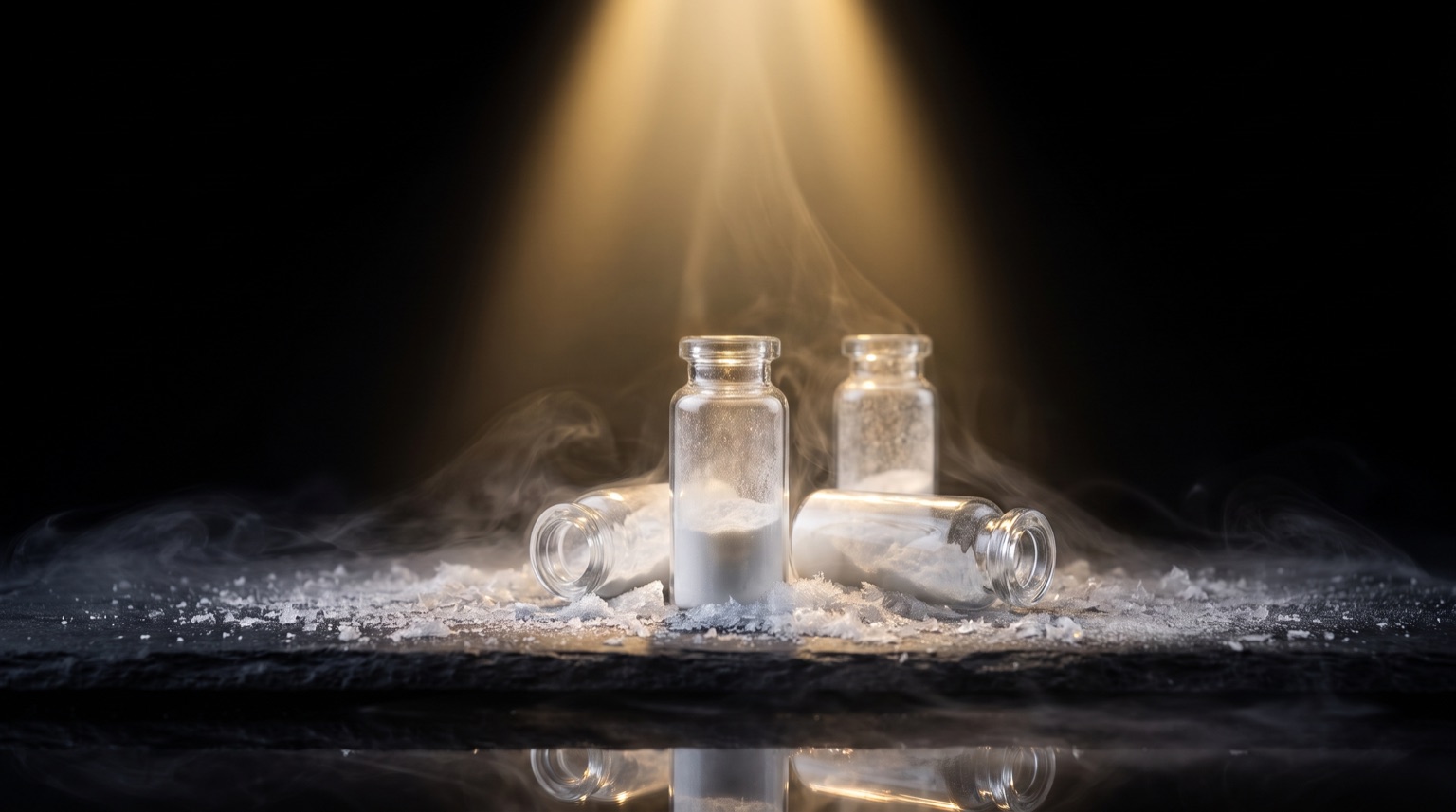 Viales de péptido liofilizado sobre superficie escarchada con vapor frío y luz dorada
