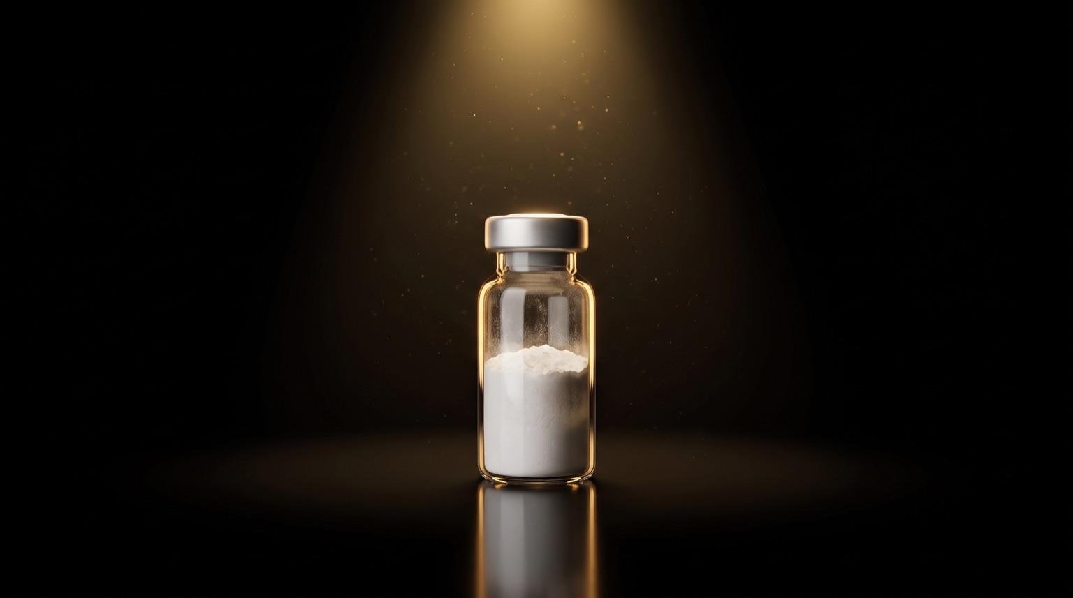 Vial de péptido de investigación bajo luz dorada sobre fondo negro