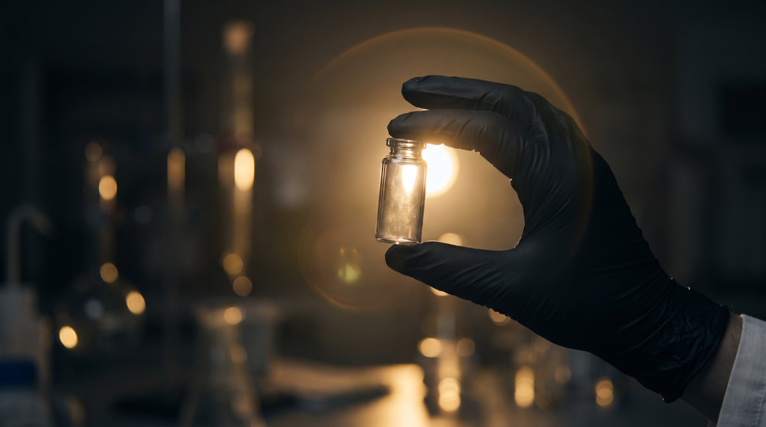 Mano con guante sosteniendo un vial a contraluz dorada en laboratorio
