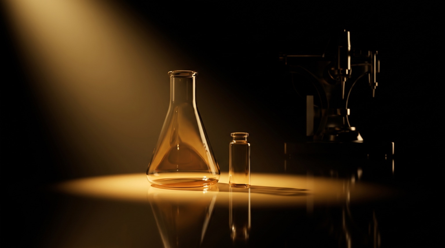 Material de laboratorio y vial sin etiqueta con reflejo dorado sobre fondo negro