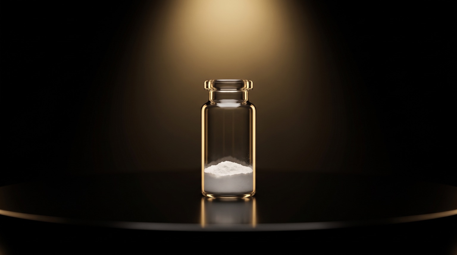 Vial de péptido liofilizado sin etiqueta bajo luz dorada sobre superficie negra