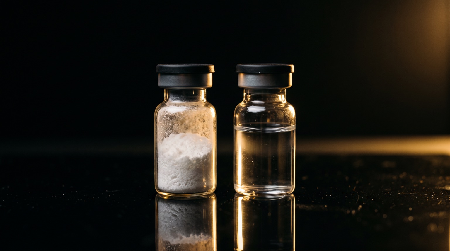 Vial liofilizado y vial reconstituido lado a lado sobre superficie negra reflejante